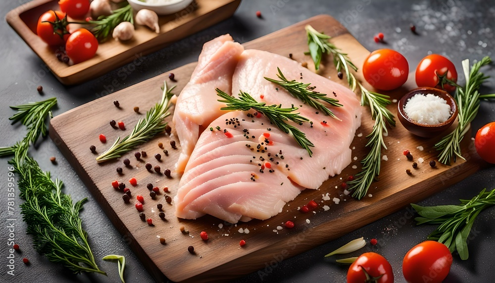 Raw chicken fillet with spices and herbs on cutting board. Light stone table top view.
