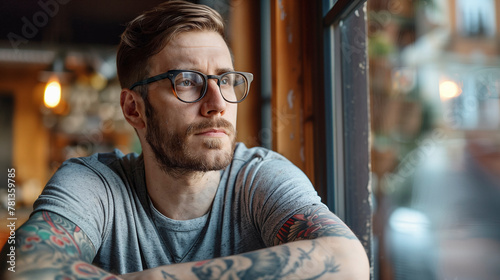 Pensive man in cafe, tattooed arms, trendy glasses.