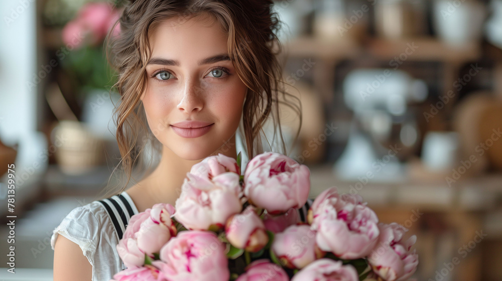 Fototapeta premium Portrait of a young woman with captivating eyes holding a bouquet of pink peonies, exuding a natural beauty and serene elegance in a softly lit indoor setting.