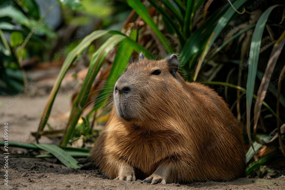 Image showcases a lone capybara calmly resting on a sandy patch amidst lush greenery Image showcases a lone capybara calmly resting on a sandy patch amidst lush greenery