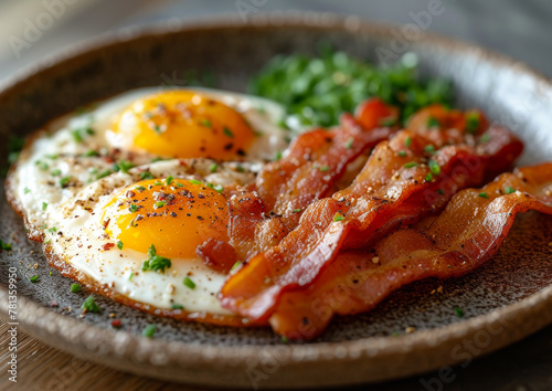 Fried eggs and bacon on plate