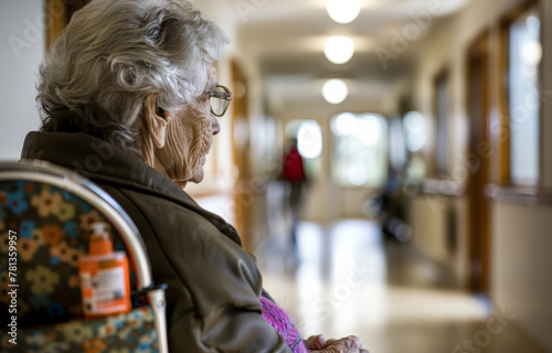 Elderly woman sitting alone in wheelchair in nursing home