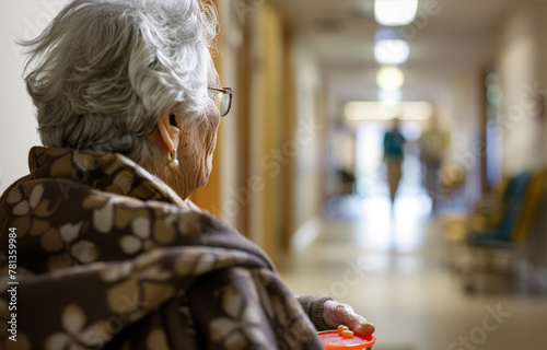 Elderly woman sitting alone in corridor of nursing home