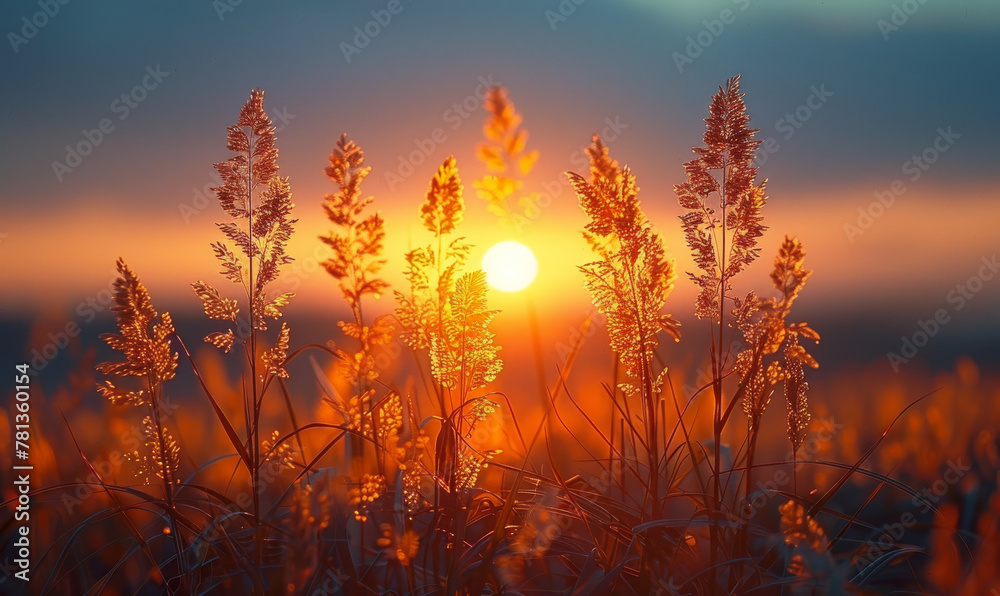 Grass and flowers in the rays of the rising sun