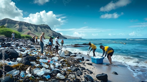 Volunteers Cleaning Plastic Pollution on Beach 