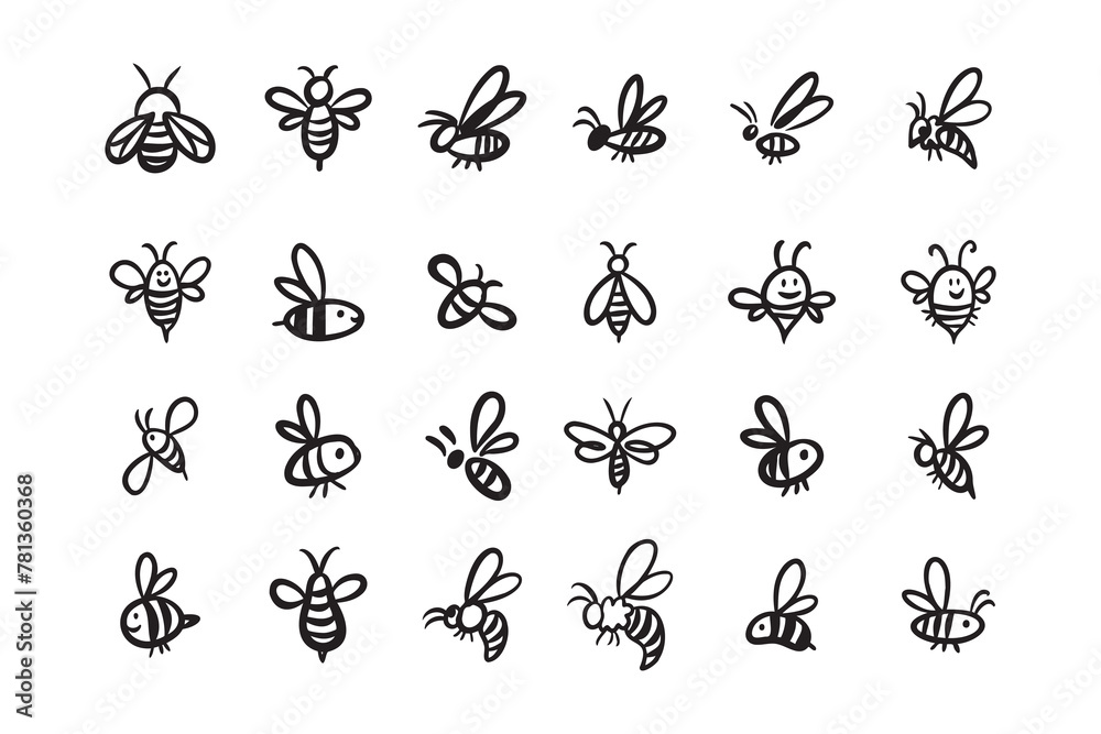 Doodle hand drawn bee. Set Cartoon outline line style bees.