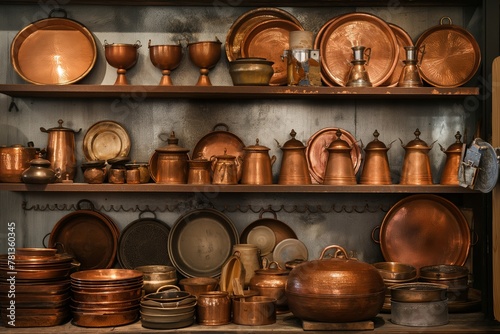 An assortment of vintage copper pots, pans, and kitchen utensils neatly displayed on rustic wooden shelves, evoking a sense of traditional cooking