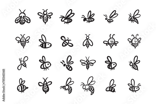 Doodle hand drawn bee. Set Cartoon outline line style bees. photo