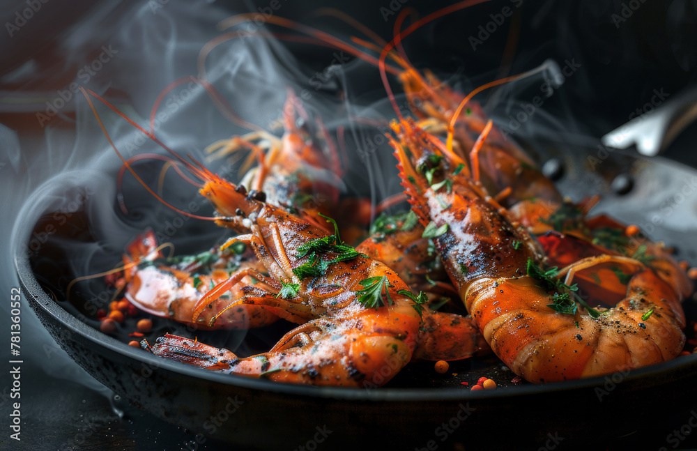 Traditional fried black tiger prawn with garlic and herbs offered as closeup in frying pan