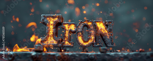 The word IRON spelled out in bold, metallic letters amidst flames and sparks, invoking strength and industry