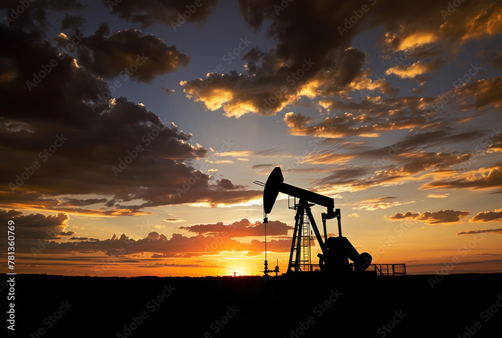 Naklejka premium Pumpjack silhoutte with dramatic sunset.
