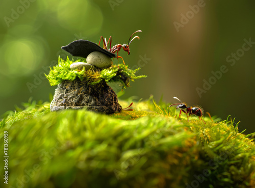 Ants and mushroom in the forest photo