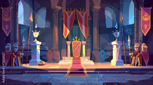 The thrones of the King and Queen in the castle hall with flags and guards with swords and stone statues. Fantasy, fairy tale, pc game Cartoon modern illustration. photo