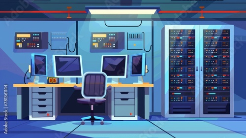 A modern cartoon interior of a storage office with a server rack, computer monitors, network hardware, and host hardware for data storage.