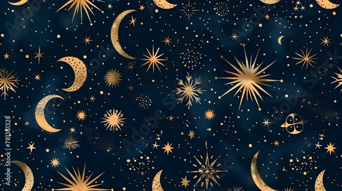 Captivating Celestial Pattern with Golden Luminous Moons and Stars in Twilight Sky
