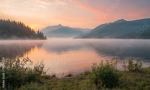 Majestic sunset over a calm lake. Water reflects the fiery sky, creating a breathtaking spectacle, beautiful forest with fog © nocstic