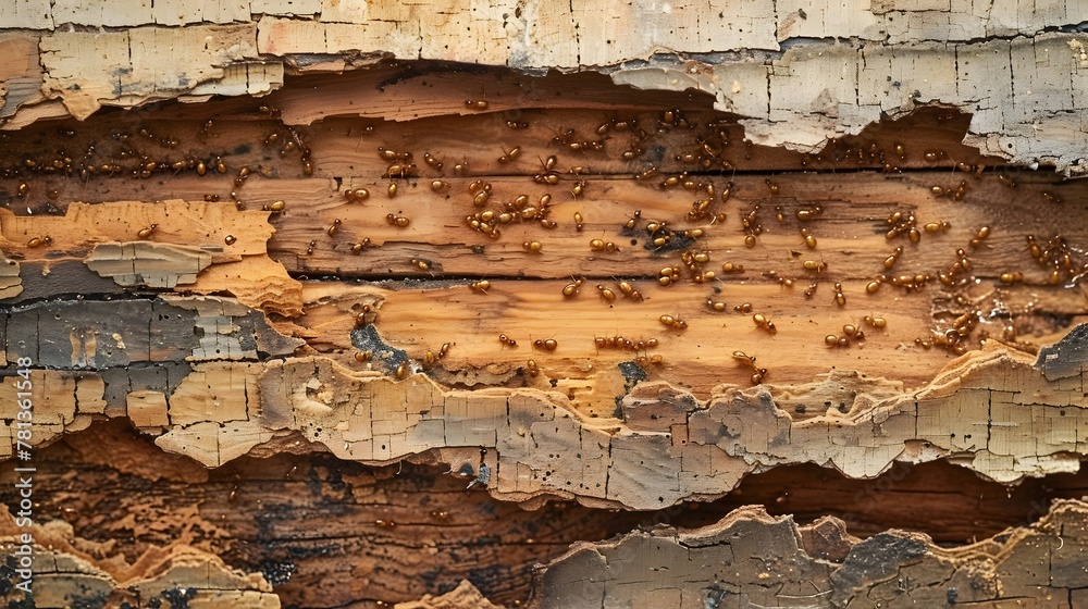 Obraz premium Macro Closeup of Termite Damage in Decaying Wooden House Frame