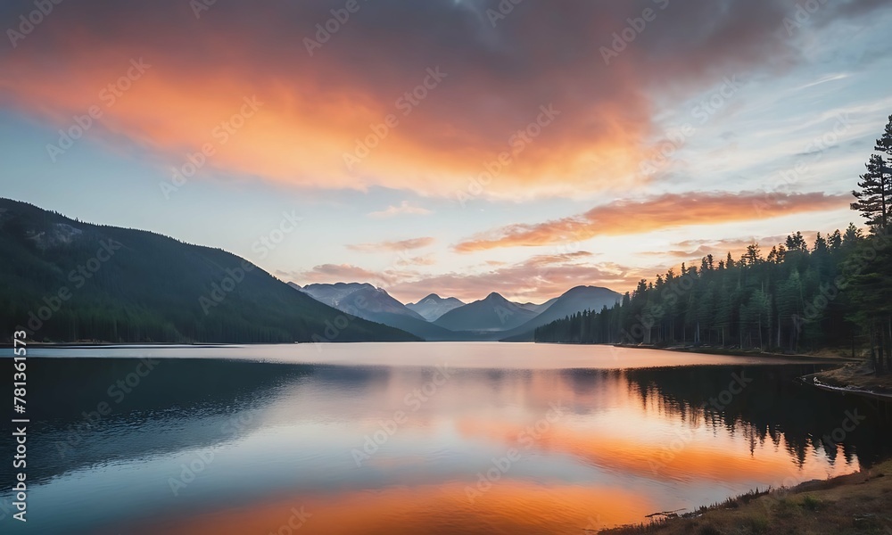 A majestic mountain lake at sunset. The mountains in the distance are silhouetted against the vibrant sky in shades of orange and blue. Pine forest with fog