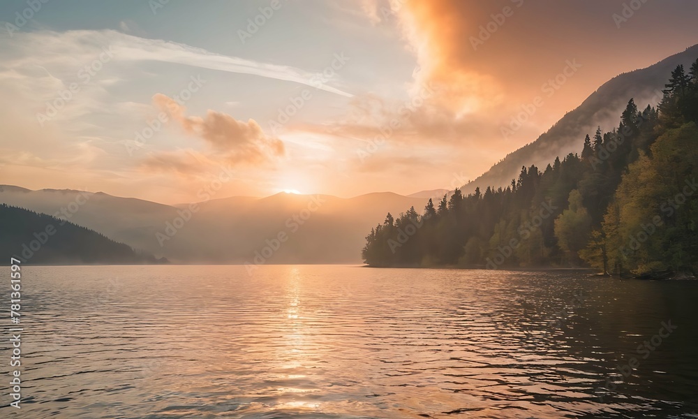 Fototapeta premium Tranquil lake at sunset. The sky is ablaze with vibrant colors, like fiery orange, deep blue. The calm water reflects the sunset, beautiful forest with fog
