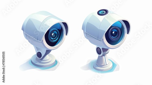 A security camera, CCTV video camera, street surveillance equipment is shown from front and side angles. Isolated against a white background, secure guard eyes and crime prevention are shown.