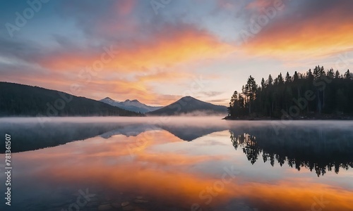 Beautiful landscape: Vibrant sunrise over a glassy lake. Colorful orange blue sky reflected in shimmering water, nice scene with fog