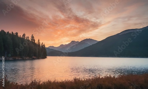 A majestic mountain lake at sunset. The mountains in the distance are silhouetted against the vibrant sky in shades of orange and blue. Pine forest with fog