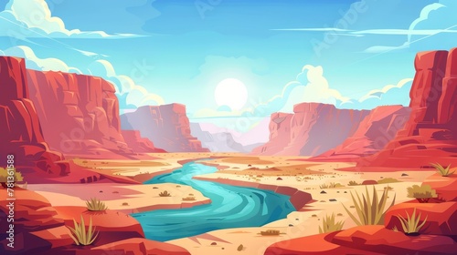 Continent of Arizona state, Grand Canyon National Park, a national park of Colorado stream and red sandstone mountains. Landscape background, nature background, cartoon modern illustration, red photo