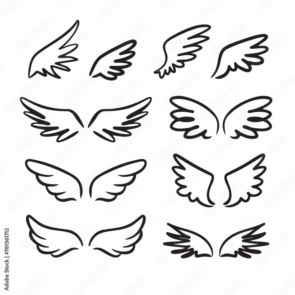 Fototapeta premium Doodle hand drawn Sketch angel wings. Line wing drawing 