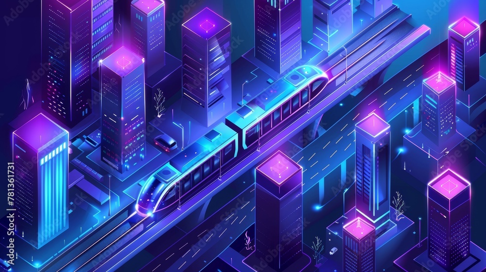 An image of a futuristic city at night with train tracks and skyscrapers. A graphic representation of the future transport networks of cities. Skyscrapers at night in a cityscape. Modern illustration An image of a futuristic city at night with train tracks and skyscrapers. A graphic representation of the future transport networks of cities. Skyscrapers at night in a cityscape. Modern illustration