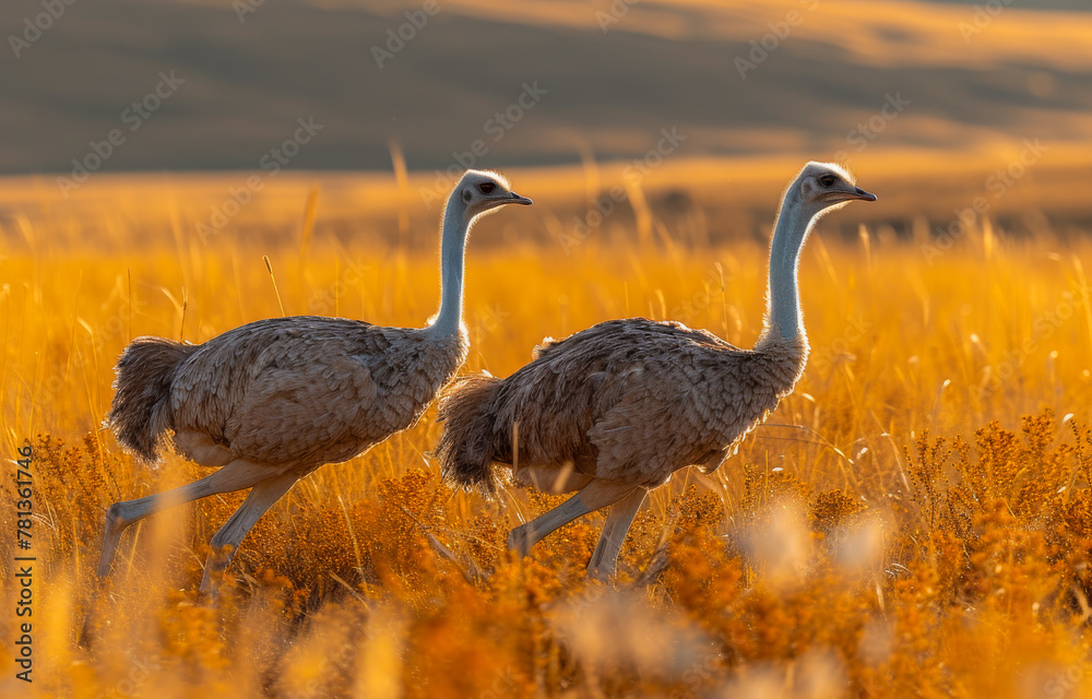 Fototapeta premium Two ostriches running in the grass.