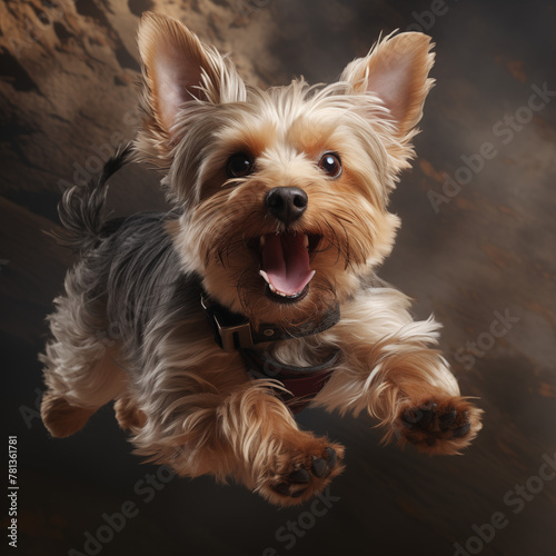 A portrait of a jumping yorkshire dog