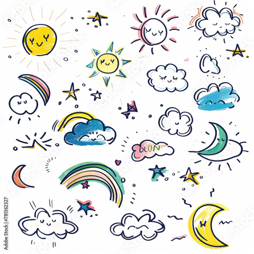 scribbles cute style icons sky white background