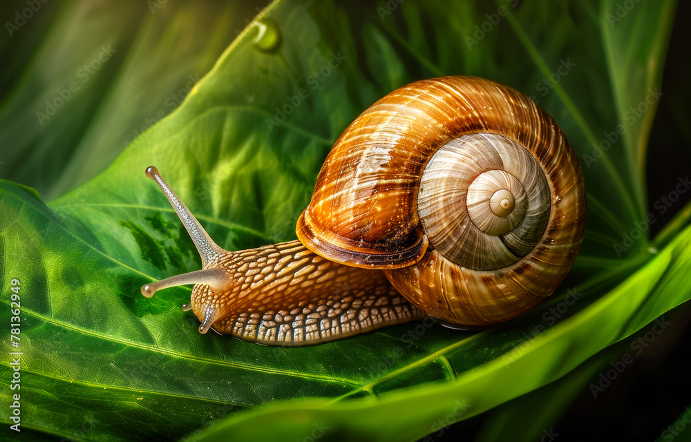 Snail crawling on the green leaf. A closeup photo of an inquisitive snail Snail crawling on the green leaf. A closeup photo of an inquisitive snail
