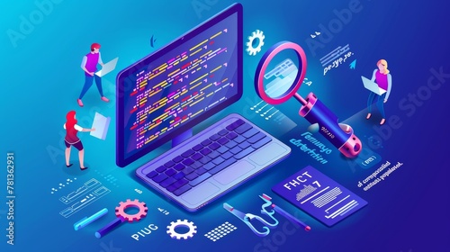 Banner with code testing concept. Concept of search errors and bugs in software, quality control of website or app. Modern image showing isometric screen with working people. photo