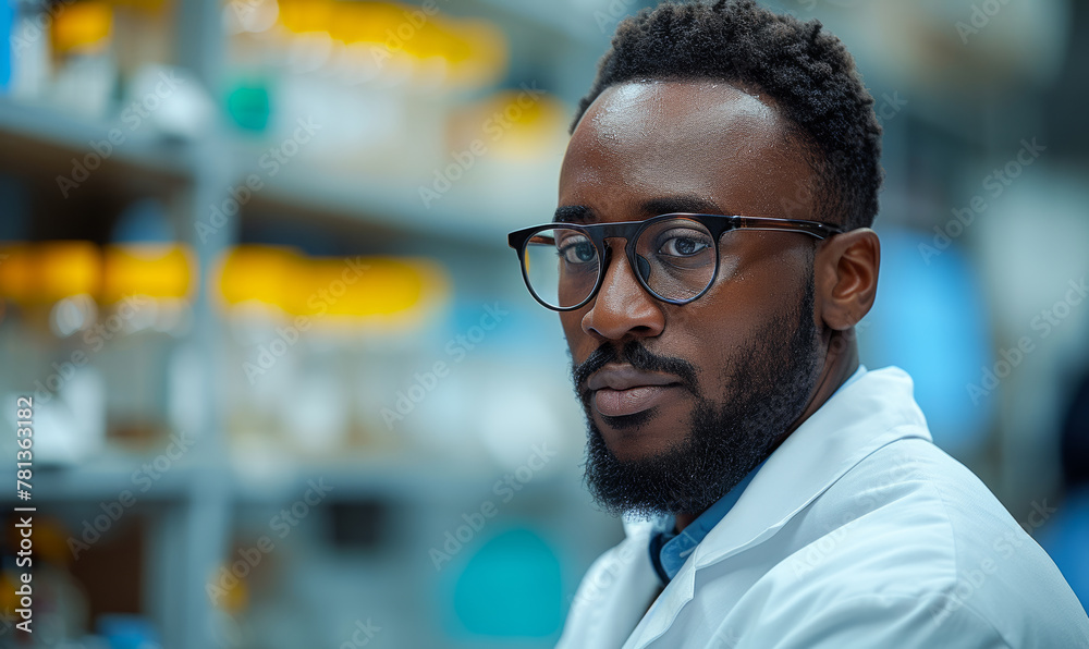 Obraz premium Portrait of handsome young male scientist in lab coat and eyeglasses