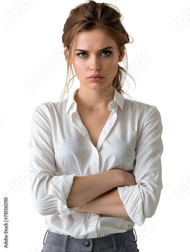 Disgruntled young woman with arms crossed. Transparent background PNG photo 