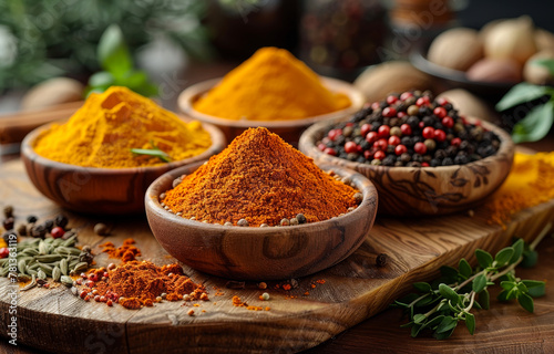 Spices for cooking with kitchen accessories on old background