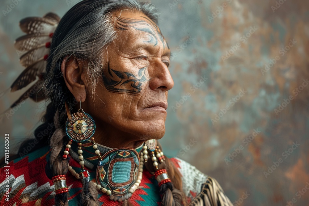 Fototapeta premium Capture the essence of cultural pride as a Native American man, adorned with braided hair and traditional jewelry, exudes confidence and reverence for his heritage in a studio setting