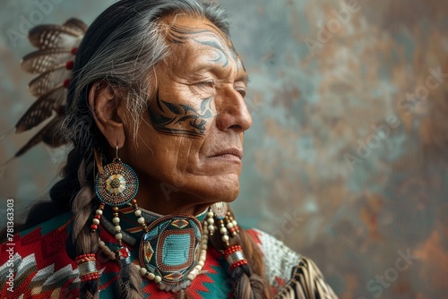 Capture the essence of cultural pride as a Native American man, adorned with braided hair and traditional jewelry, exudes confidence and reverence for his heritage in a studio setting
