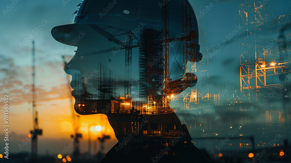 Building designer's nocturnal meeting blends with civil engineer silhouette at a construction site, double exposure magic