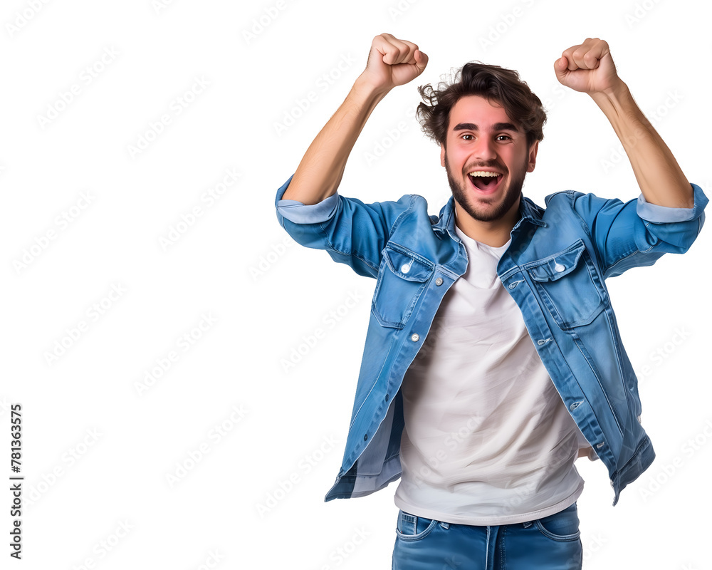 Fototapeta premium Joyful young man with raised fists. Transparent background PNG photo
