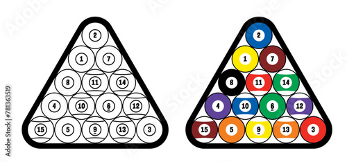 Billiard balls for billiard triangle. Billiard table or snooker table with cues and balls rack. Pyramid of billiard balls for pool table with cue and ball. Sport game tools. Balls racks.