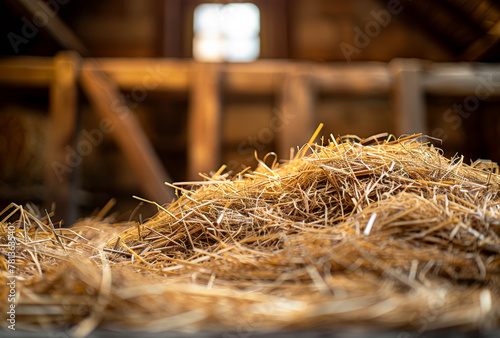 Hay is pile of dry grass in the barn