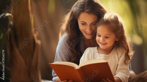 Happy child learning to read assisted by her parent.