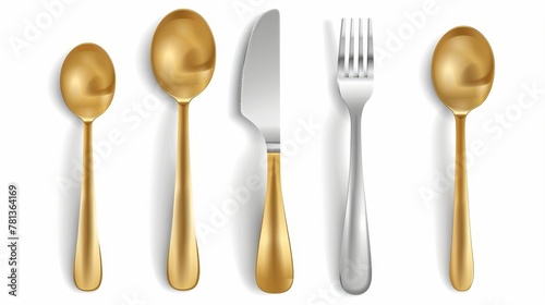 The top view of a 3D cutlery set made up of a golden and silver fork, knife, spoon set. Silverware and gold utensils with luxury styling, isolated on white background. Realistic modern illustration.