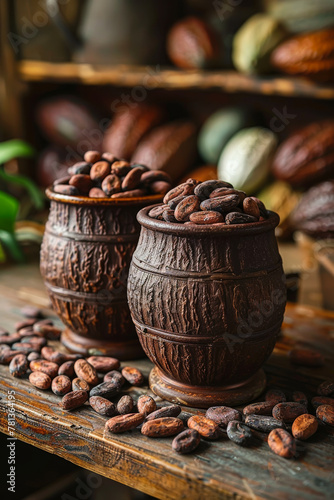 Cocoa beans in wooden bowl