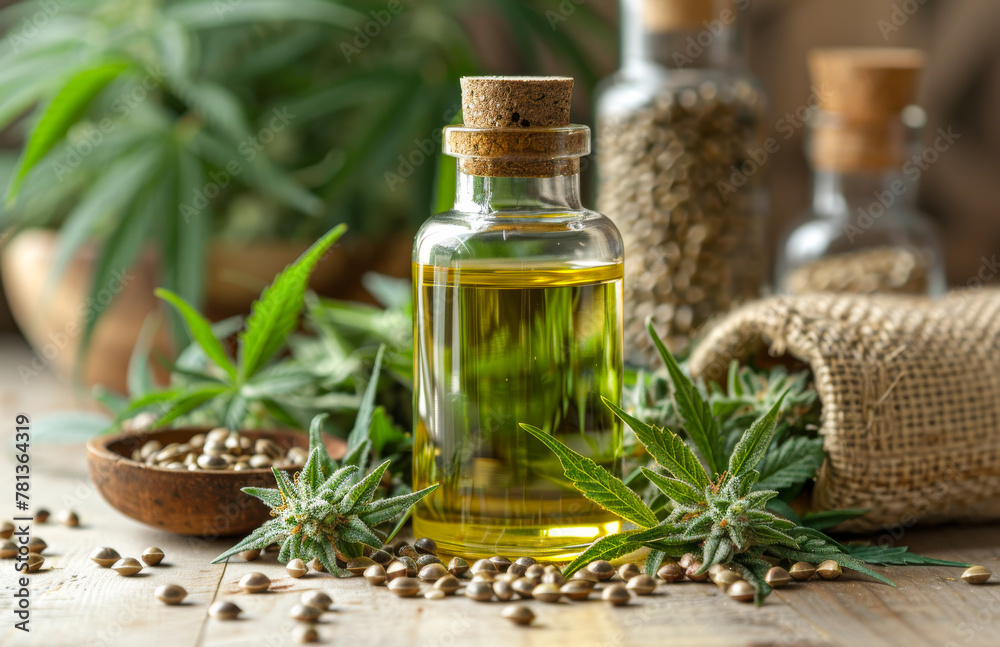 Bottle of hemp oil with cannabis plant Bottle of hemp oil with cannabis plant