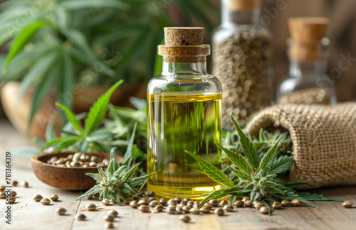 Bottle of hemp oil with cannabis plant