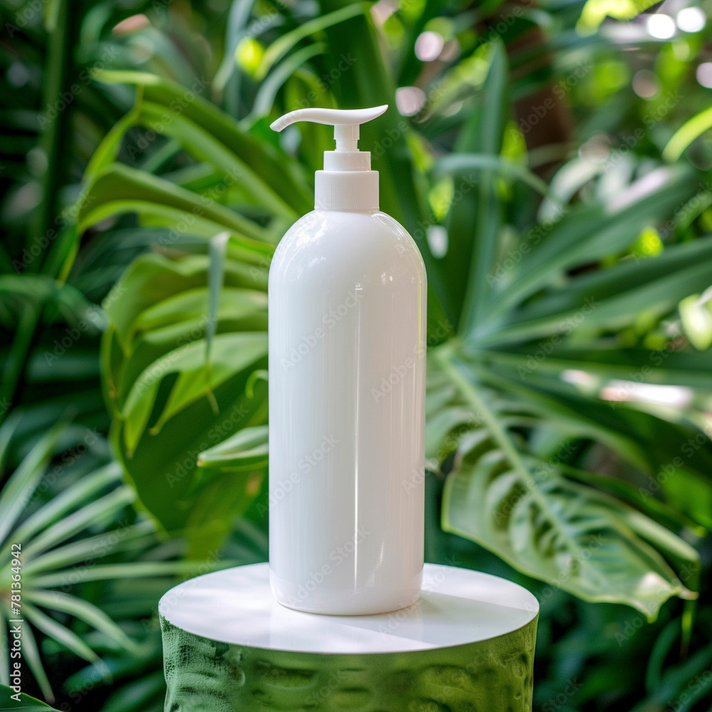 Stylish shampoo stand, small white bottle in the center against a background of lush greenery Stylish shampoo stand, small white bottle in the center against a background of lush greenery
