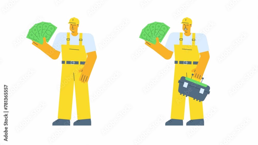 Builder holding five bills and holding suitcase. Alpha channel Builder holding five bills and holding suitcase. Alpha channel